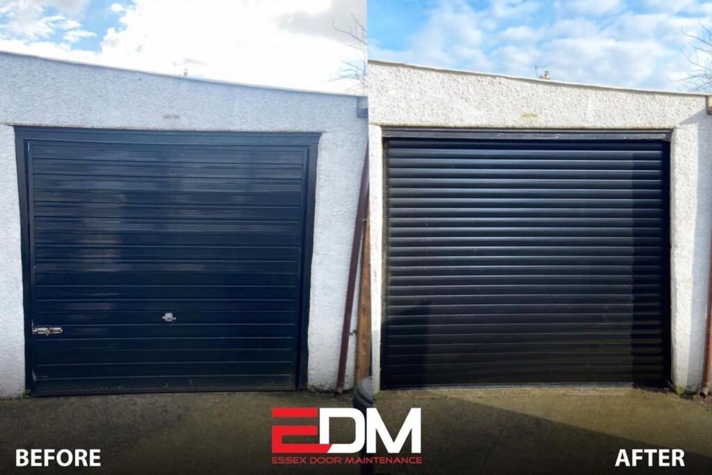 Before and afterElectric Roller Garage Doors Maldonbeing fitted by EDM